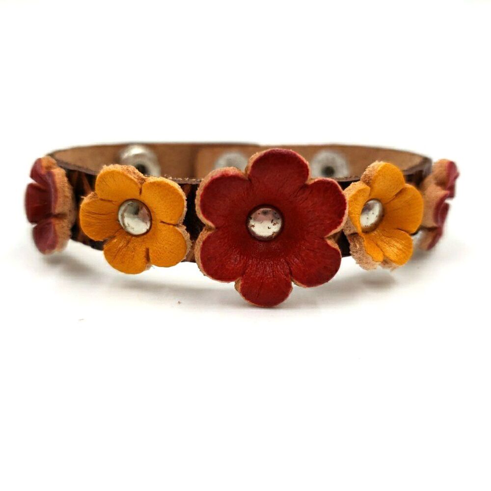 Handmade Floral Leather Cuff Bracelet Adjustable Rustic Boho Prairie Cottagecore - Picture 16 of 16